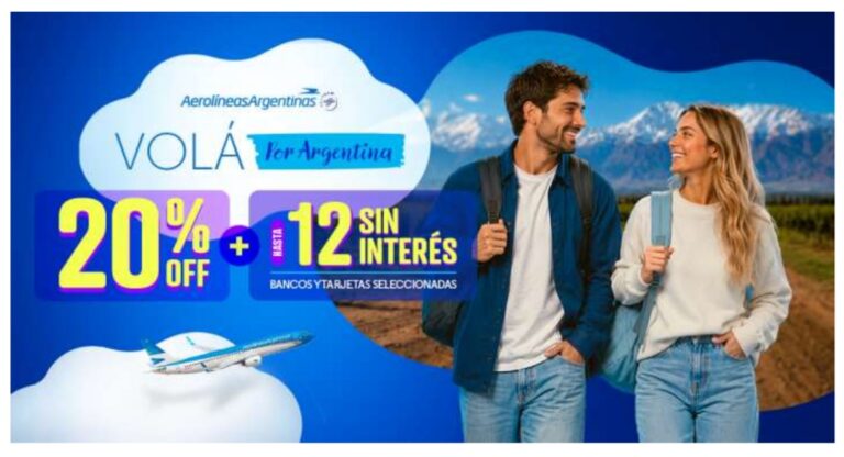 AEROLÍNEAS ARGENTINAS LANZA UNA PROMO CON 20% DE DESCUENTO Y HASTA 12 CUOTAS SIN INTERÉS PARA VOLAR POR EL PAÍS